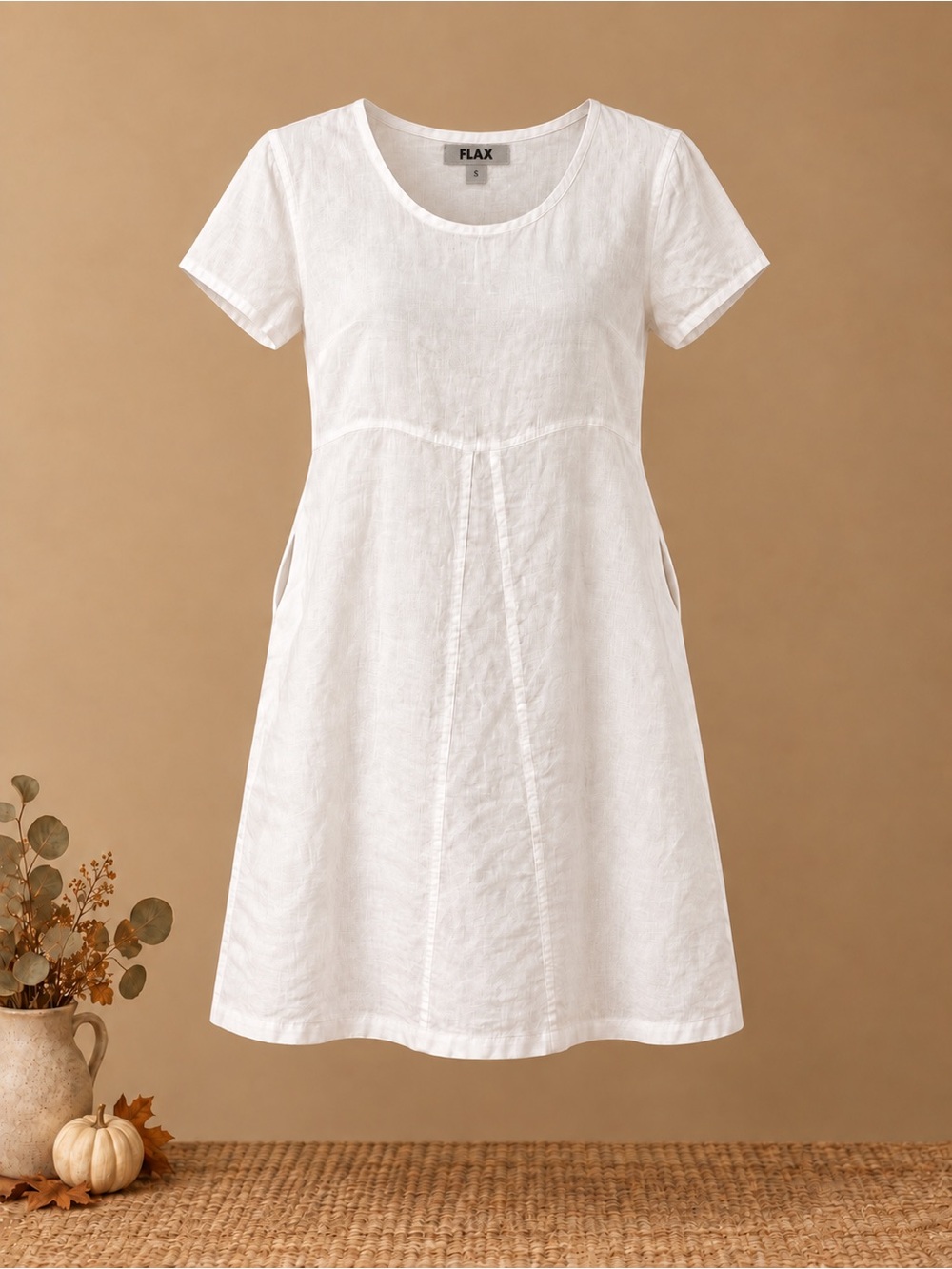 FLAX100% Linen  White Short-Sleeve Linen A-Line Dress